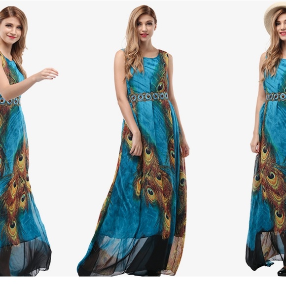 Flowy PEACOCK PRINT Chiffon Maxi Dress - Picture 3 of 5